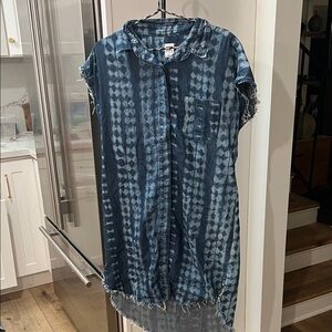 NSF Blue Tie-Dye Midi Dress denim buttons up sz small. Pocket.
